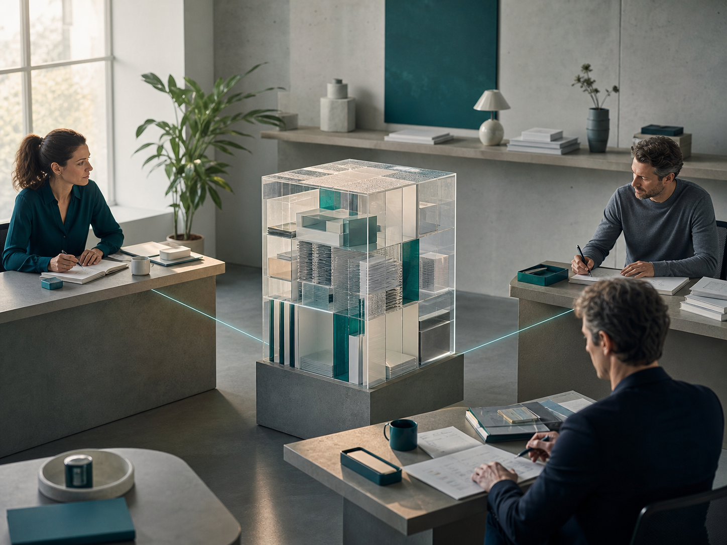 Three professionals gathered around a shared operational memory represented by a translucent core.